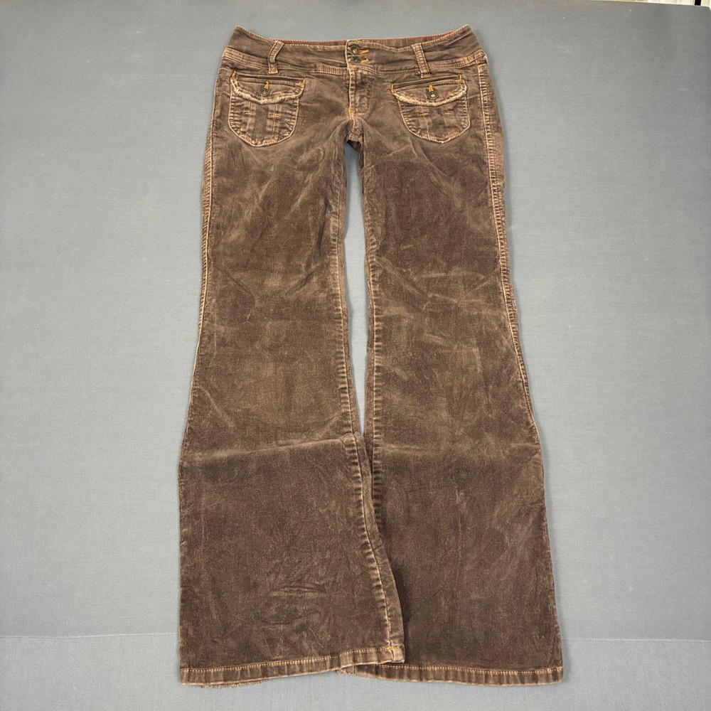 Y2K Low Rise Brown Corduroy Flared Flap Pocket Pants Women's Size 7 (28x30) GLO